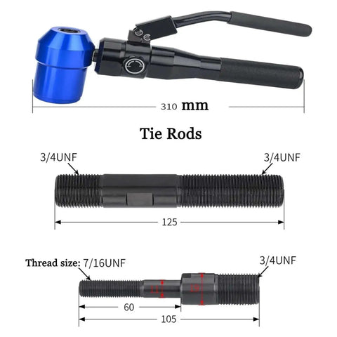 Portable Hydraulic Knockout Hole Punch Driver Kit with tie rods, features dimensions and thread sizes for conduit fitting and metal cutting.