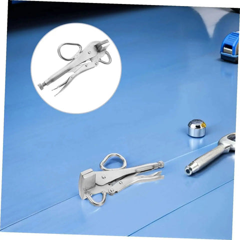 Heavy Duty Auto Body Sheet Metal Clamp Pliers With Wide Duckbill Jaw for welding and metalworking on blue sheet metal surface