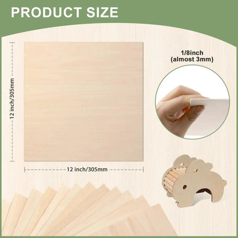 12 Pack Basswood Sheets One Eighth By Twelve By Twelve Inches Unfinished Wood For Crafts Laser Cutting Engraving Wood Burning And Architectural Models Lightweight Plywood For Easy DIY Projects shown with size and thickness details