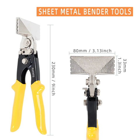 3 Inch Hand Seamers For Sheet Metal Bending And Straightening 18 To 30 Gauge Duckbill Pliers For HVAC Duct Work DIY And Repair Projects Ideal For Seaming Tucking And Straightening Metal With Comfort Grip Platato, showing front and side view with ergonomic yellow grip and detailed measurements.