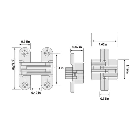 Diagram of Hidden Door Hinges Two And Three Eighths Inch Concealed Cross Hinges Zinc Alloy 180 Degree Swing 8 Pack dimensions