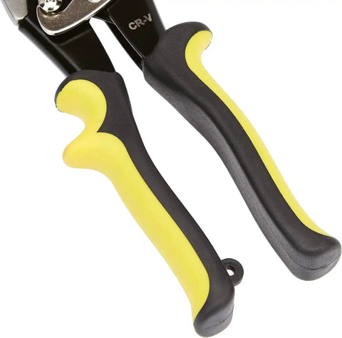 Yellow and black handle of Straight Cut Aviation Snip With High Leverage Design And Serrated Edge Blade For Easy Cutting Of Aluminum Tin And Thin Steel