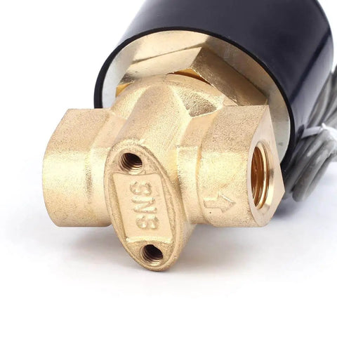 Close-up of 12V DC Brass Electric Solenoid Valve Normally Open 1/4 Inch NPT For Water Air Diesel with a brass body.