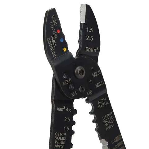 Close-up of Multi Function Terminal Crimping Tool With Stripper and Wire Cutter, showing measurement markings and cutting blades.
