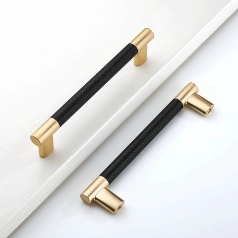 10 Pack Black And Gold Knurled 5 Inch 128mm Hole Center Cabinet Handles with premium finish, shown in a pair on a white surface.