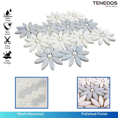 Daisy Flower Pattern Marble Mosaic Tiles In Celeste Blue And Thassos White, Waterjet Cut Floor And Wall Tile For Kitchen Backsplash And Bathroom Shower, Polished Marble Finish With Glossy Dope Look, 10 Sheets By Tenedos