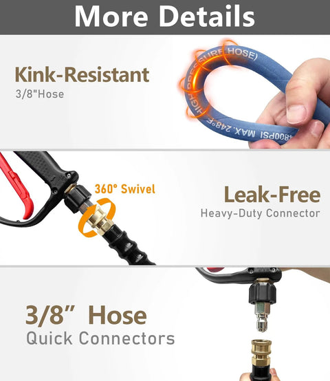 NAVOHEVEN 3/8-inch pressure washer hose, navy, 100 ft, steel-braided with swivel quick-connect fittings
