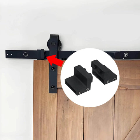 Four Pack Black Barn Door Roller Stopper Hardware For 1.61 Inch By 0.28 Inch Track And 41 By 7 Millimeter Rails installed on wood door