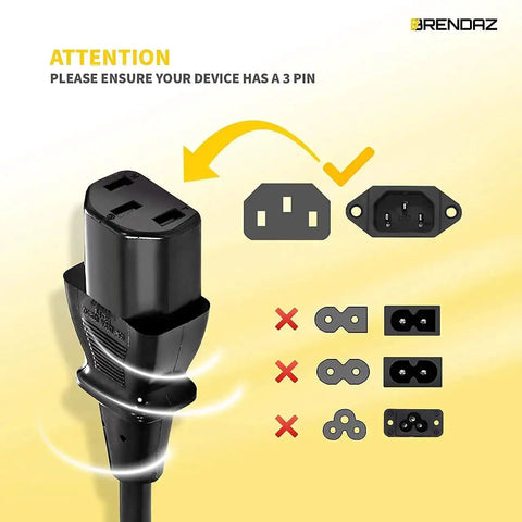 3 Prong AC Power Cord For PC, Monitor, Printer Replacement Cable with IEC 320 C13 to NEMA 5-15P, 18AWG, shown for connection types