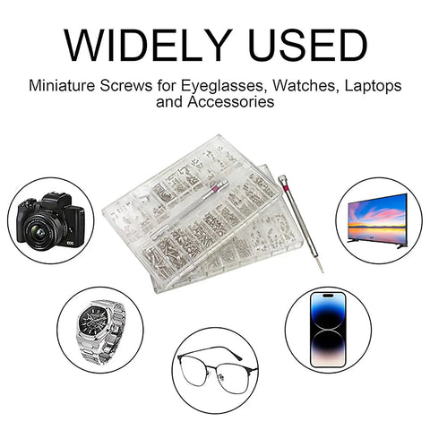 Micro Screw Repair Kit With Precision Screwdriver, 630 Silver Stainless Micro Screws In 18 Sizes for glasses, watches, electronics.