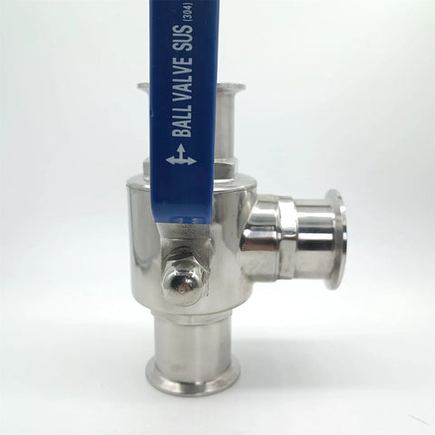 Geife 2-inch tri-clamp sanitary 3-way ball valve with blue handle, 304 stainless steel body