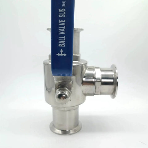 2 Inch Sanitary Tri Clamp Ball Valve 3 Way T Port With PTFE Seat Stainless Steel 304 Blue Handle 64mm OD Flange
