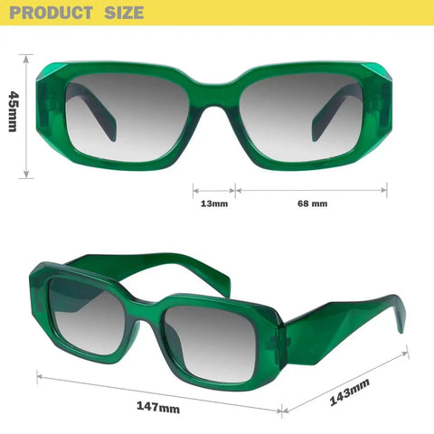 Trendy Rectangle Sunglasses For Women And Men In Green Dark Vintage Retro Style 90s Inspired Cool Funky Small Chunky Frames With UV400 Protection