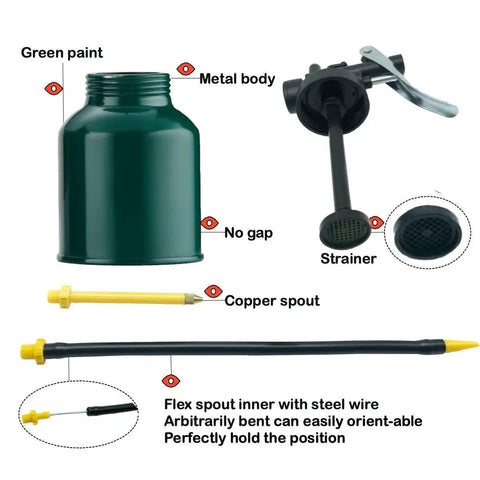 Green Metal Pistol Pump Oil Can with 9 Inch Flexible Spout, 3 Inch Straight Spout, Metal Body, Green Paint, and Copper Spout