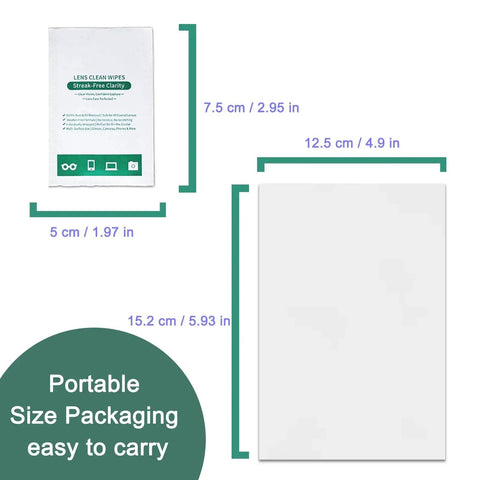 Dimensions of XL Lens Wipes 200 Count Ammonia Free Streak Free for Glasses Sunglasses packaging.