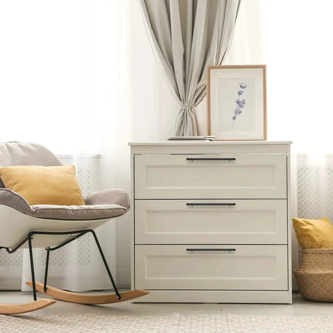 Modern dresser with Matte Black 10 Inch Square Cabinet Pulls, 5 Pack, in a cozy living room setting.