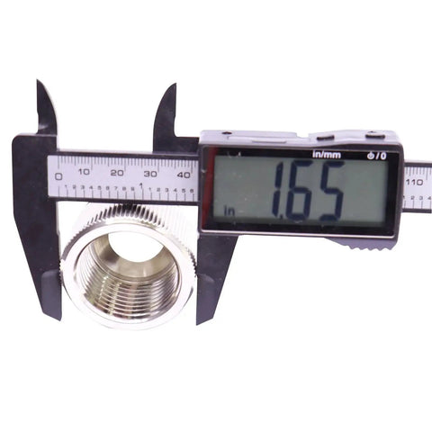 Close-up of caliper measuring 1 Inch NPT Female To 1 Inch NPT Male Fuel Hose Swivel Connector 360 Degree Rotating Beefy Brass Fittings.