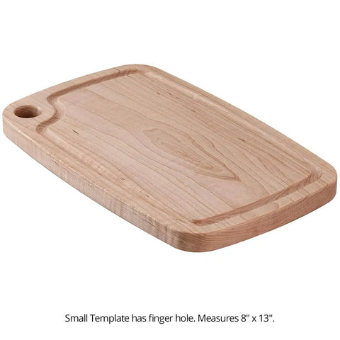 Wooden cutting board with juice groove and finger hole, measures 8 x 13 inches