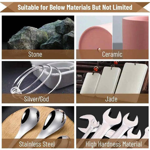 Materials compatible with Pro Grade Diamond Burrs for stone, ceramic, silver, jade, stainless steel, high hardness material.