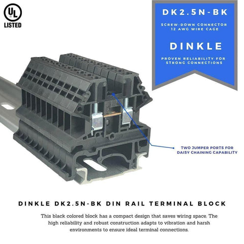 Black DK2.5N DIN Rail Terminal Block Screw Type UL 600V 20A 12-22AWG Pack Of 50 in black plastic for industrial panels