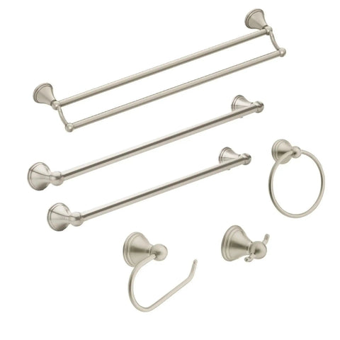 Preston Collection 24 Inch Single Wall Mounted Towel Bar In Brushed Nickel Finish alongside matching bathroom accessories.