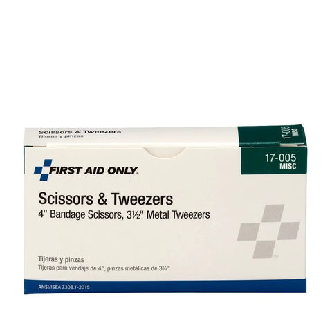 Packaging for Bandage Scissors And Tweezers Set For First Aid Supplies with 4 inch stainless steel scissors and 3.5 inch tweezers.