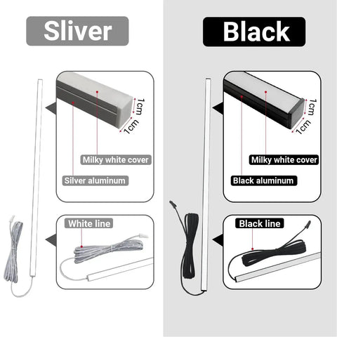 Wood Slat Wall Panel LED Recessed Lighting Kit With 6 Pcs DC12V adhesive lights showing silver and black options with covers and lines.