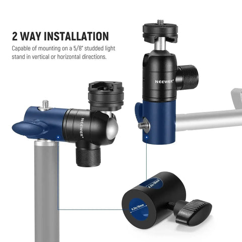 Light Stand Mount Adapter With Cold Shoe And Quarter Inch Screw Mini Ball Head showing 2-way installation on stand