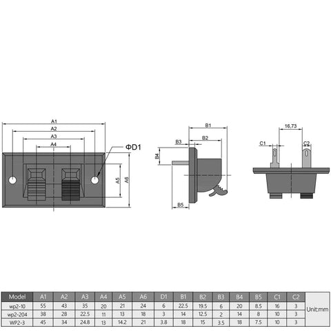 Technical diagram of 8-Piece 2-Way Speaker Terminal Block With Spring Push Release Connector dimensions and specifications.