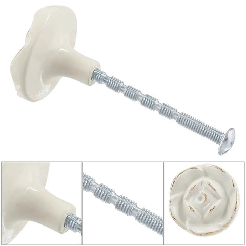 Ivory White Rose Flower Cabinet Pulls 8 Pack With 8 Mounting Screws Vintage Style Kitchen Drawer Knobs close-up view