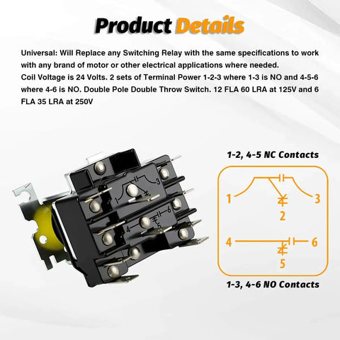 DPDT 24V General Purpose Switching Relay For HVAC And Furnace Control Replaces R8222D1014 showing relay terminals and diagram