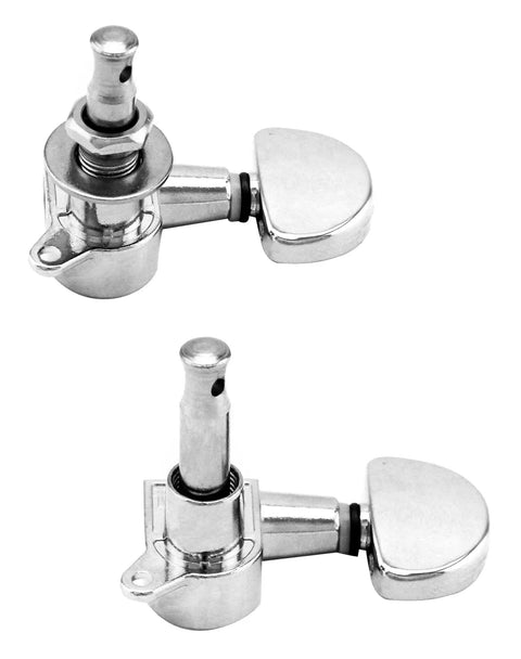 Chrome guitar tuning pegs set of six, front and side views, zinc-alloy machine heads with installation hardware