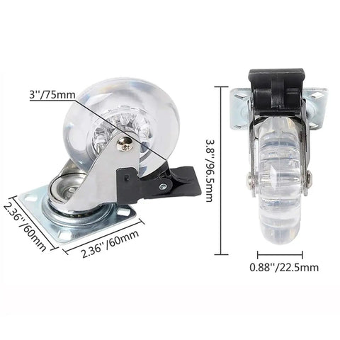 Diagram of 2 Inch Heavy Duty Swivel Caster Wheels With Brakes 400 Lb Capacity 4 Pack Clear Rubber, showing dimensions and features.