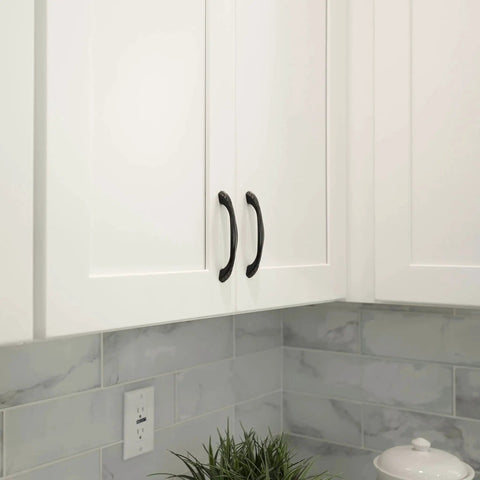 Oil Rubbed Bronze Cabinet Pull Handle Six And A Quarter Inch Length Five Inch Center To Center Traditional Classic Style on white cabinets.