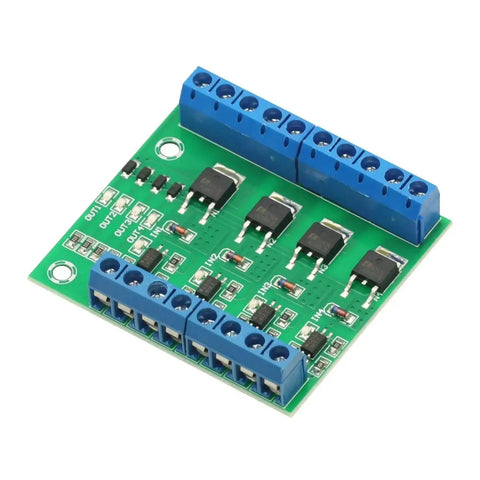 4 Channel MOSFET F5305S Pulse Trigger Switch Controller board with blue terminals and PWM input isolation for motors and LEDs.