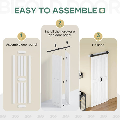 36 Inch By 84 Inch Bifold Barn Door System With Hardware Kit Included For Two Doors Bi Fold Sliding Closet Doors 40 Inch Track Kit Waterproof Construction Pre Drilled Holes For Easy Assembly White Finish Space Saving No Fuss Setup Modern Home Upgrade installation steps