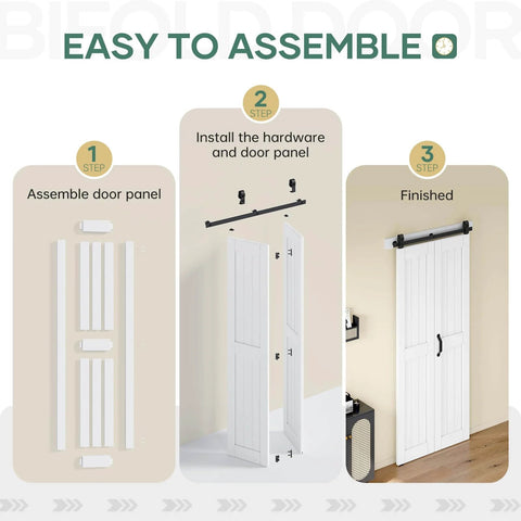Assembly steps for 72x84 Inch Bifold Barn Door For Closet Space Saving All In One Kit With Aluminum Track And Hardware, Four MDF Bifold Doors.