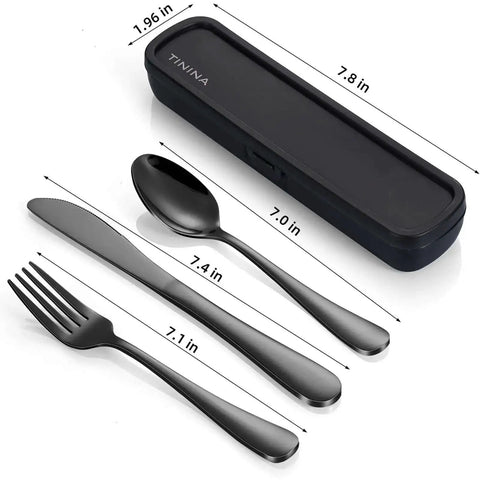 Grab And Go 4 Piece Stainless Steel Travel Utensils Set With Reinforced Buckle Case, Portable Cutlery, Fork Knife Spoon, Black
