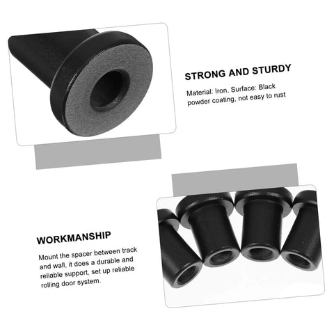 Close-up of 4 Pack Sliding Barn Door Track Spacers Set for Wall and Rail Connectors, iron material with black powder coating.