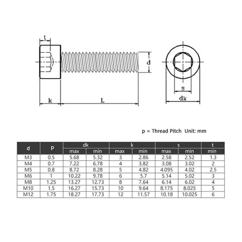 Technical diagram of Durable Nylon Hex Socket Cup Head Screws Set M3 To M10 Range Black And White Knurled Plastic Bolts dimensions.