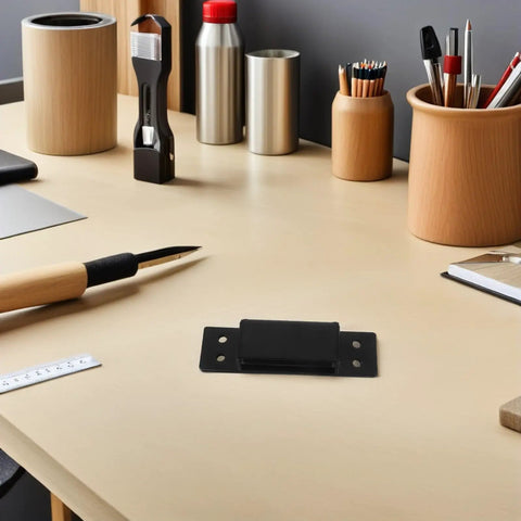 Heavy Duty Hidden Door Hinge 5 Inch Black Square Pivot on a wooden desk for Interior Bookcases and Folding Boxes Concealed Flush Mount Design