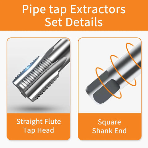 Five Piece NPT Pipe Tap Set For Clean Accurate Threads Carbon Steel Taps In One Eighth Inch To Three Quarter Inch With Durable Plastic Case Perfect For Plumbers Mechanics And DIYers showing straight flute tap head and square shank end details.