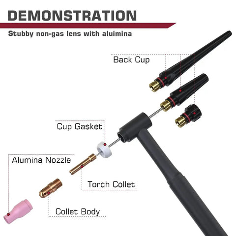 Diagram showing TIG Welding Torch Accessories Must-Have All-In-One 71-Piece Kit With Alumina Nozzles and collet parts labeled.