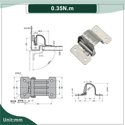 304 Stainless Steel Concealed Positionable Torque Gate Hinge 0.35N.m 1Pcs For Exterior Gates Hidden Mount Adjustable Torque
