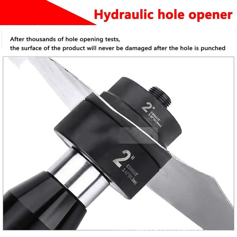 Close-up of Hydraulic Knockout Hole Punch Driver Kit for Metal Sheets and Electrical Conduit in use, showcasing 2-inch cutter.