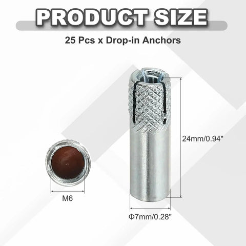 M6 Drop In Anchors 25 Pack Zinc Plated Carbon Steel Solid Knurled Concrete Anchors Internal Forced Expansion For Concrete And Drywall Silver Ideal For Masonry And Concrete Fastening Pre Drilled 7mm Hole For Easy Installation product size dimensions pictorial.