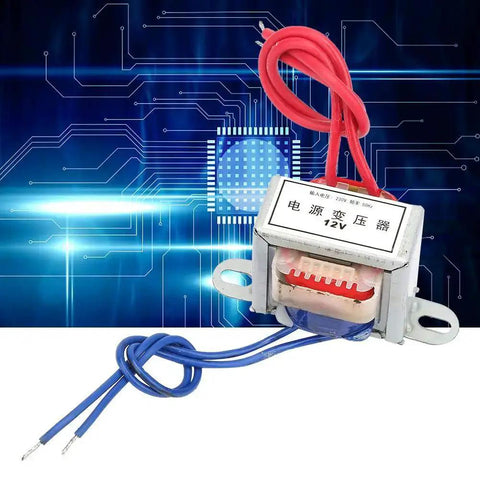 AC To AC Isolation Power Transformer, 220V Input To 12V And 24V Output, 50Hz, 2W, Single Phase EI Core with wires on digital background