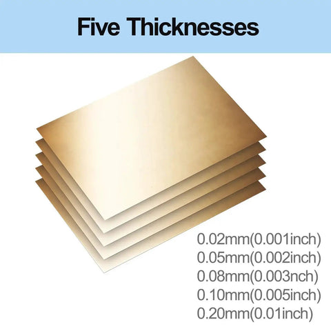 Brass Shim Stock Assortment Set 6 Inch By 4 Inch, five thicknesses 0.001 to 0.01 inch, polished brass sheets for home projects.