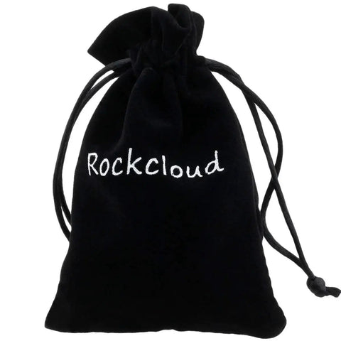 Black velvet drawstring pouch with 'Rockcloud' embroidered, possibly containing Pack of 2 Round Resin Aquamarine Drawer Knobs With Screws.