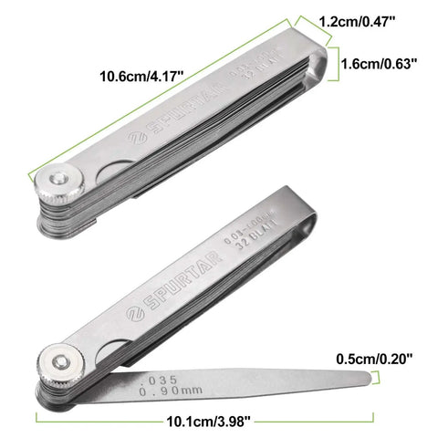 Dual Marked Feeler Gauge Set with 32 tapered stainless steel blades from 0.001 to 0.04 inches SAE and metric readouts.